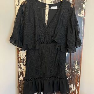 Women’s plunge v neck butterfly sleeve embroidered floral black dress. Size Med